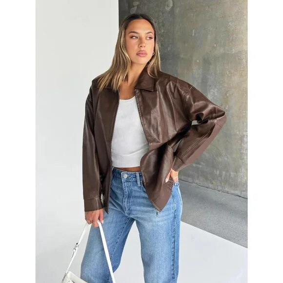 Women's Leather Bomber Moto Coat Jacket Brown Trendy Queen Statement Piece